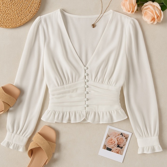 E.ssue White Blouse Small Bridal Brunch Ruffle Top Balletcore Coquette - Picture 3 of 11